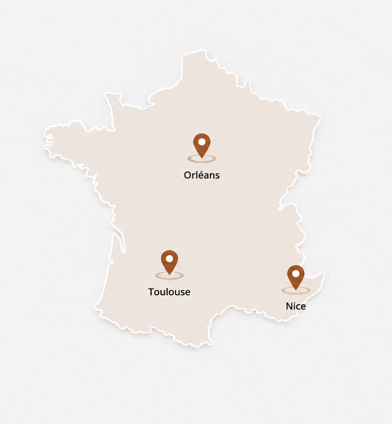 Carte des implantations AA Event à Orléans, Toulouse et Nice